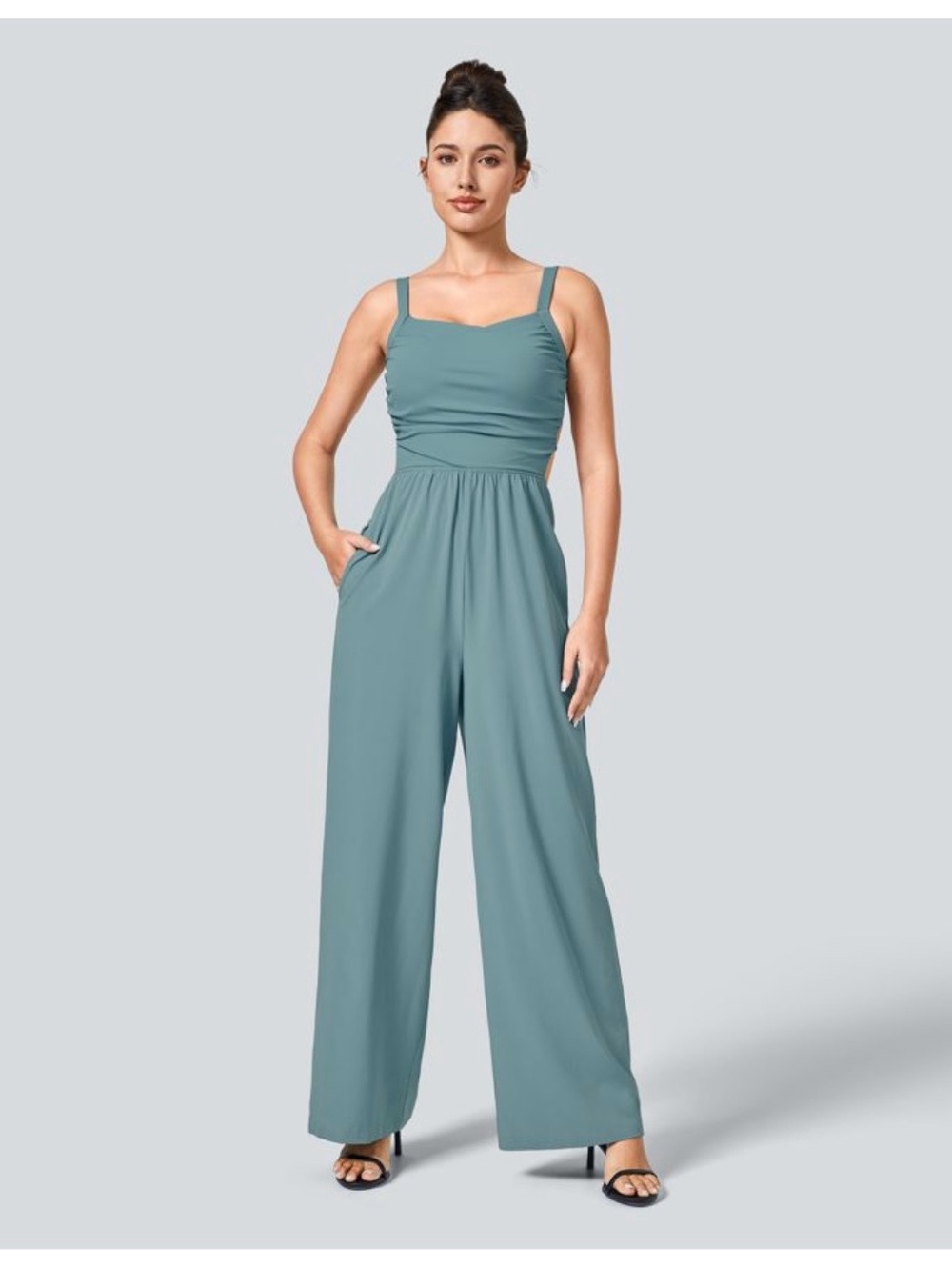 HALARA Teal Wide-Leg Jumpsuit with Square Neckline